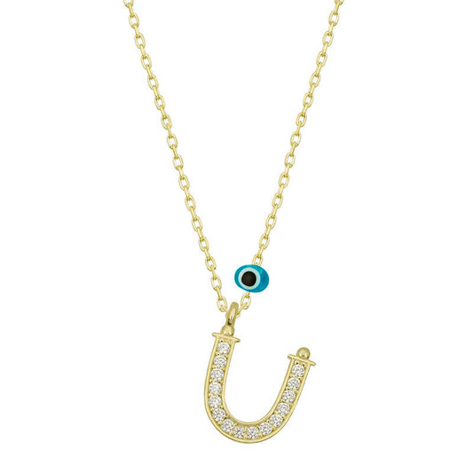 Evil Eye Gold Plated Letter U Women's Silver Necklace