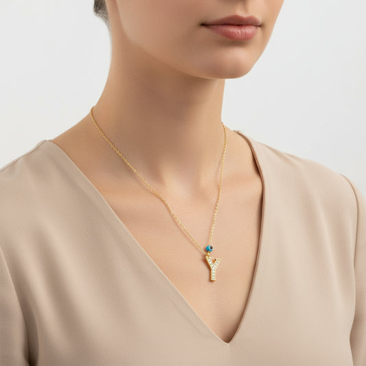 Evil Eye Gold Y Buchstabe Damen Silber Halskette