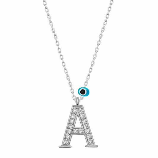 Evil Eye Rhodium Letter A Women's Silver Necklace