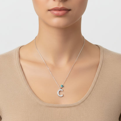 Evil Eye Rodyum C Letter Women's Silver Necklace
