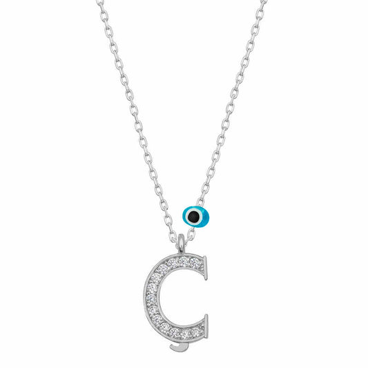 Evil Eye Rhodium Letter C Women's Silver Necklace