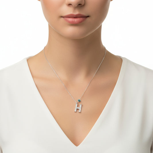 Evil Eye Rodyum H Buchstabe Damen Silber Halskette