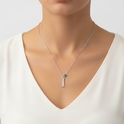 Evil Eye Rodyum I Letter Women's Silver Necklace