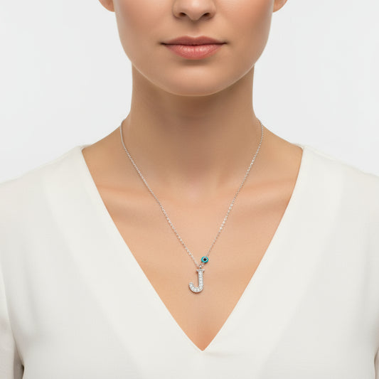 Evil Eye Rhodium J Buchstabe Damen Silber Halskette