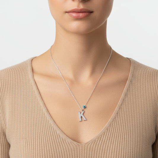 Evil Eye Rhodium K Buchstabe Damen Silber Halskette