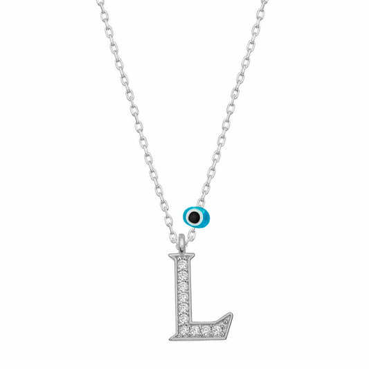 Evil Eye Rhodium L Letter Women's Silver Necklace