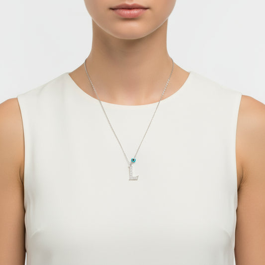 Evil Eye Rhodium L Buchstabe Damen Silber Halskette