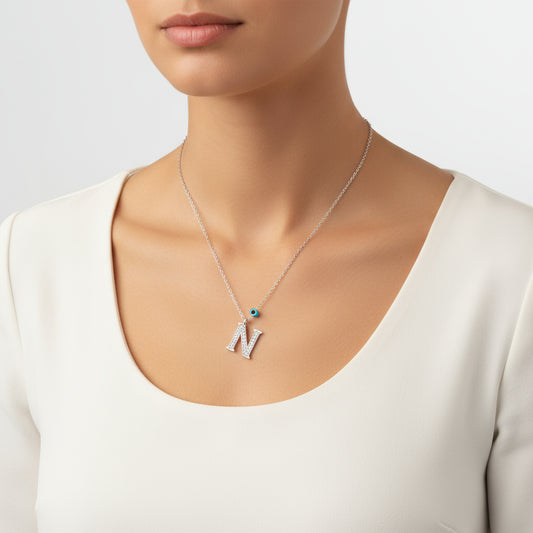 N Buchstabe Evil Eye Rhodium Damen Silber Halskette
