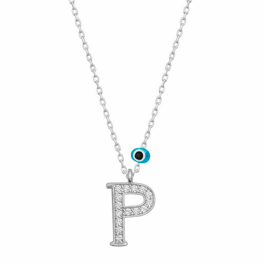Evil Eye Rhodium P Letter Women's Silver Necklace