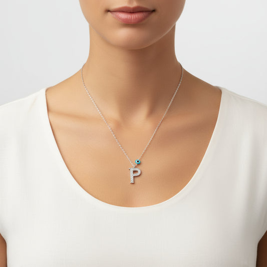 Evil Eye Rhodium P Buchstabe Damen Silber Halskette