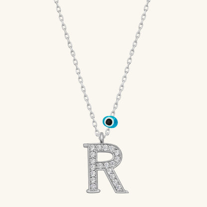 R Buchstabe Evil Eye Rhodium Damen Silber Halskette