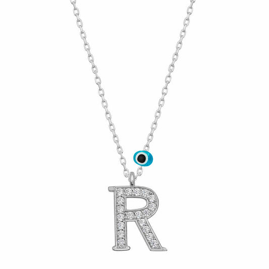 R Letter Evil Eye Rhodium Women's Silver Necklace