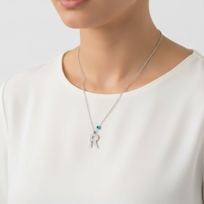 R Buchstabe Evil Eye Rhodium Damen Silber Halskette