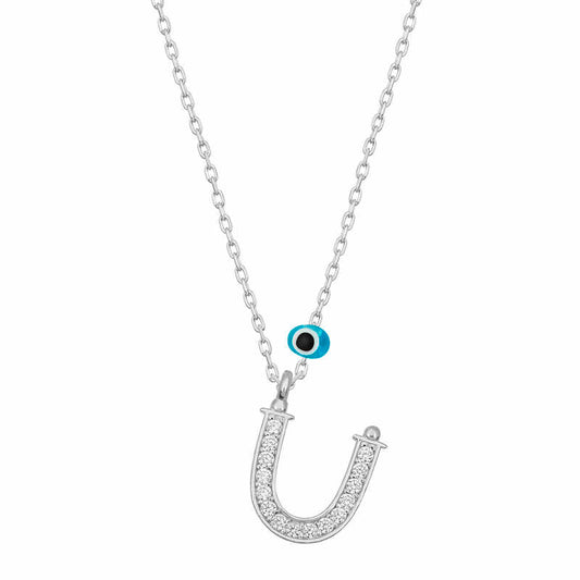Evil Eye Rhodium U Letter Women's Silver Necklace