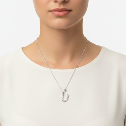 Evil Eye Rhodium U Buchstabe Damen Silber Halskette