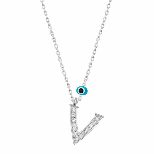 Evil Eye Rodyum V Letter Women's Silver Necklace