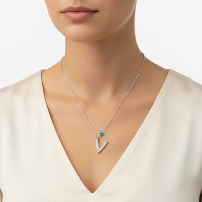 Evil Eye Rodyum V Letter Women's Silver Necklace