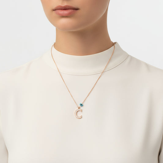 Evil Eye Rose C Buchstabe Damen Silber Halskette