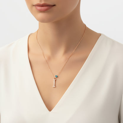 Collier en argent pour femme avec inscription « I » et rose « Evil Eye »