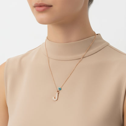 Collier en argent pour femme avec lettre J et rose mauvais œil