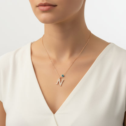 Evil Eye Rose N Buchstabe Damen Silber Halskette