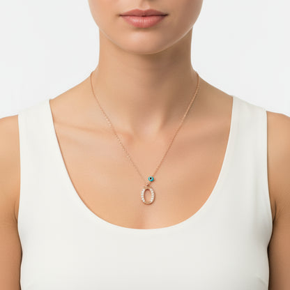 Collier en argent plaqué rose avec lettre O pour femme, motif mauvais œil