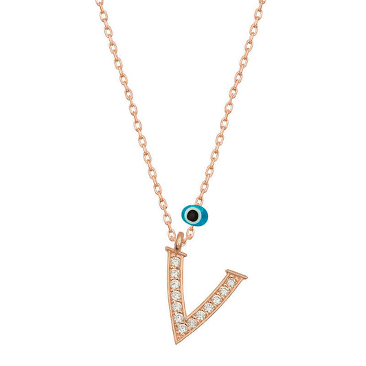 Evil Eye Rose V Letter Women's Silver Necklace