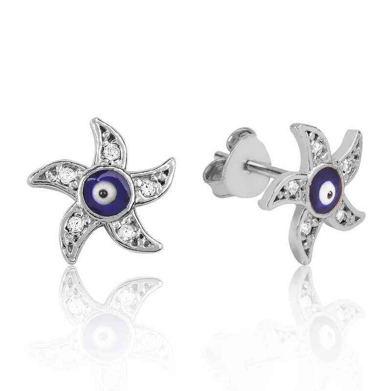 Evil Eye Starfish Stud Silver Earrings