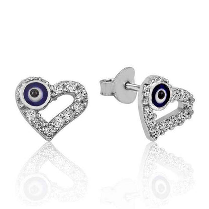 Heart-Shaped Evil Eye Stud Silver Earrings