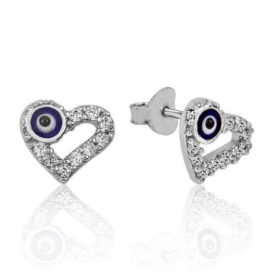 Heart-Shaped Evil Eye Stud Silver Earrings