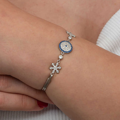 Bracelet en argent pour femme avec flocon de neige et mauvais œil