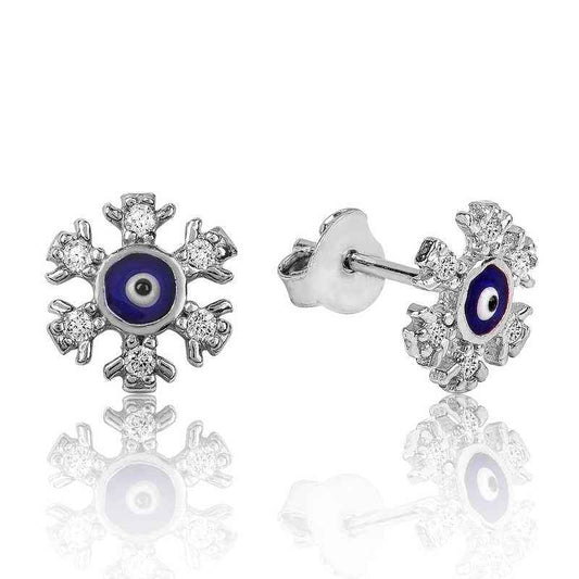 Nazar Evil Eye Snowflake Stud Silver Earrings