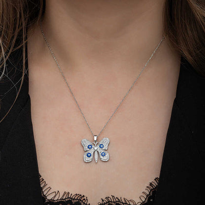 Collier en argent pour femme avec papillon et mauvais œil 