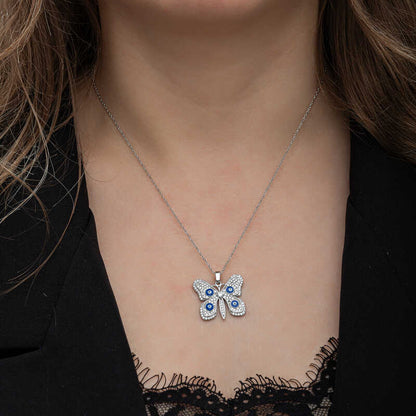Collier en argent pour femme avec papillon et mauvais œil 