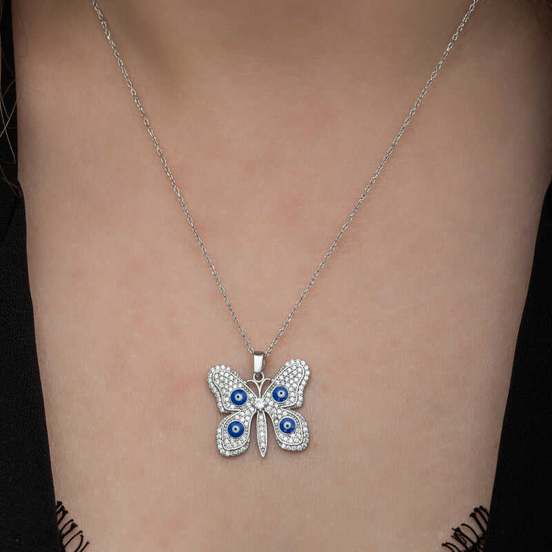 Collier en argent pour femme avec papillon et mauvais œil 