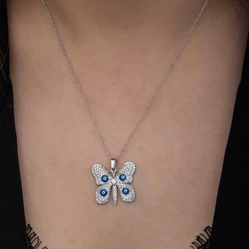 Collier en argent pour femme avec papillon et mauvais œil 
