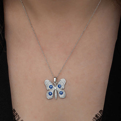 Collier en argent pour femme avec papillon et mauvais œil 