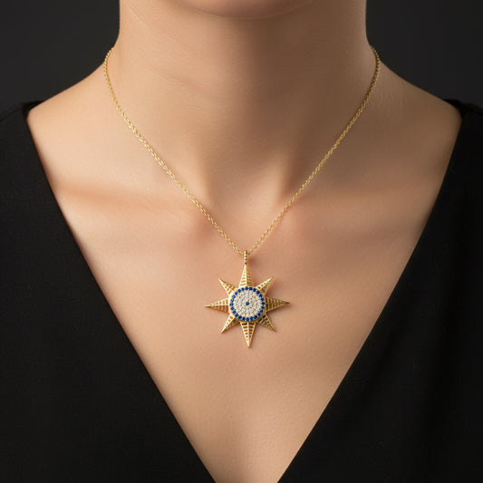 Vergoldete Evil Eye North Star Damen Silber Halskette