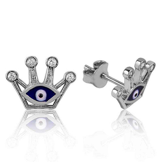 Evil Eye Queen Crown Stud Silver Earrings