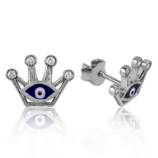 Evil Eye Queen's Crown Stud Silver Earrings