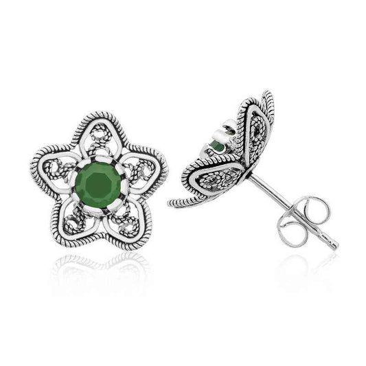 Green Water Lily Stud Silver Filigree Earrings