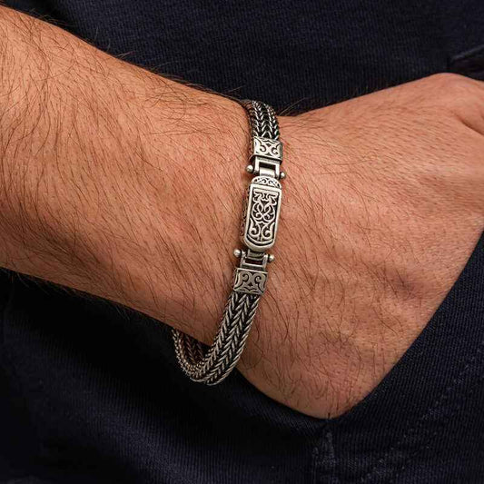 Patterned Oxidized Men's Silver Bracelet