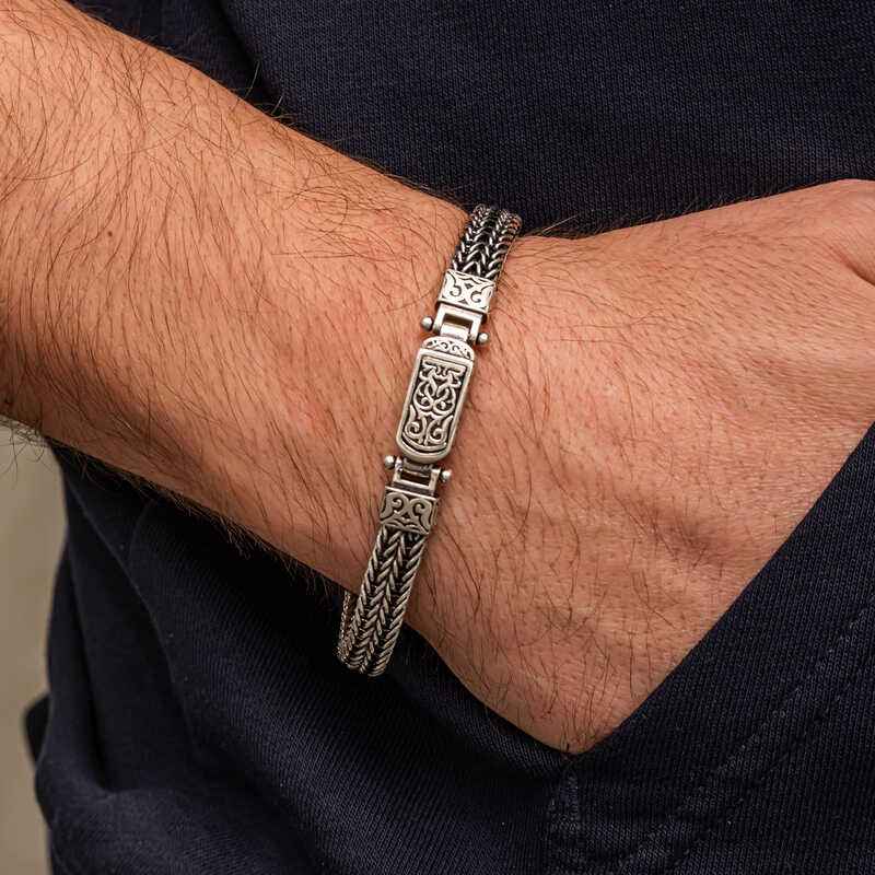 Patterned Oxidized Men's Silver Bracelet