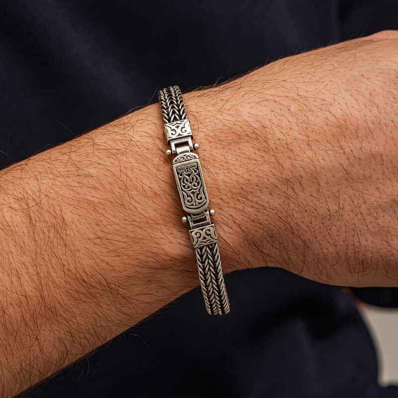 Patterned Oxidized Men's Silver Bracelet