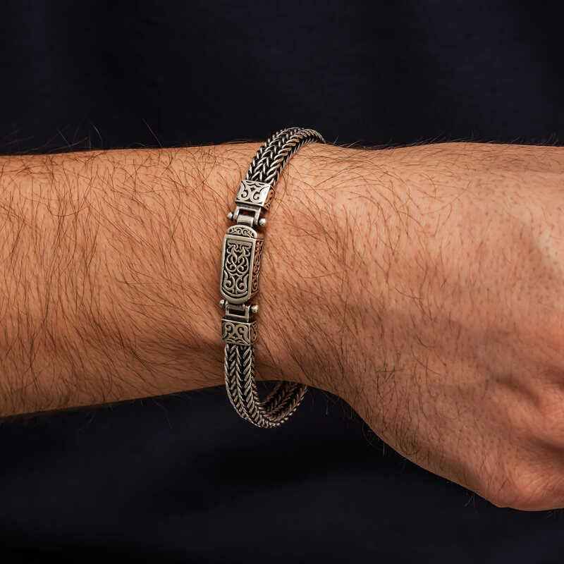Patterned Oxidized Men's Silver Bracelet