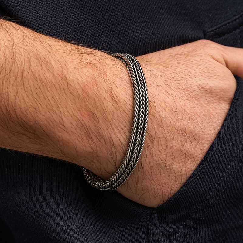 Patterned Oxidized Men's Silver Bracelet