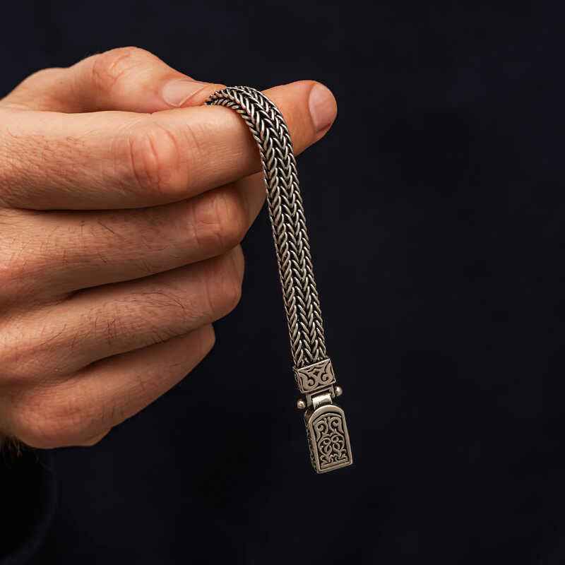 Patterned Oxidized Men's Silver Bracelet
