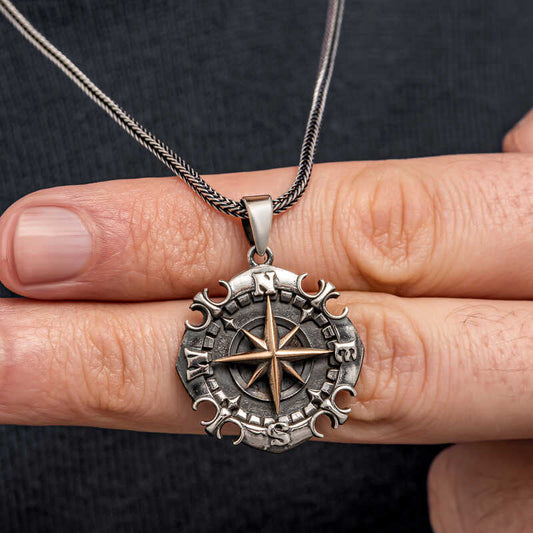 Oxidized Compass Men's Silver Necklace