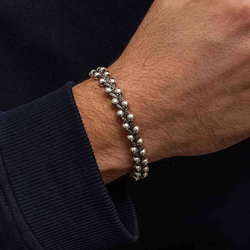 Oxidized Beaded Men's Silver Bracelet