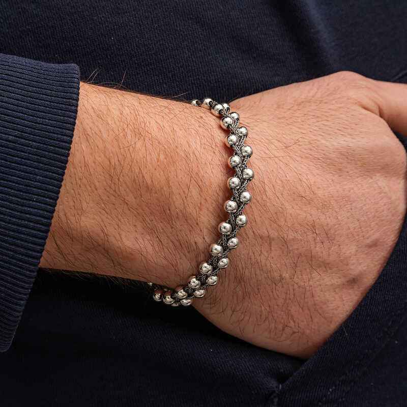 Oxidized Beaded Men's Silver Bracelet